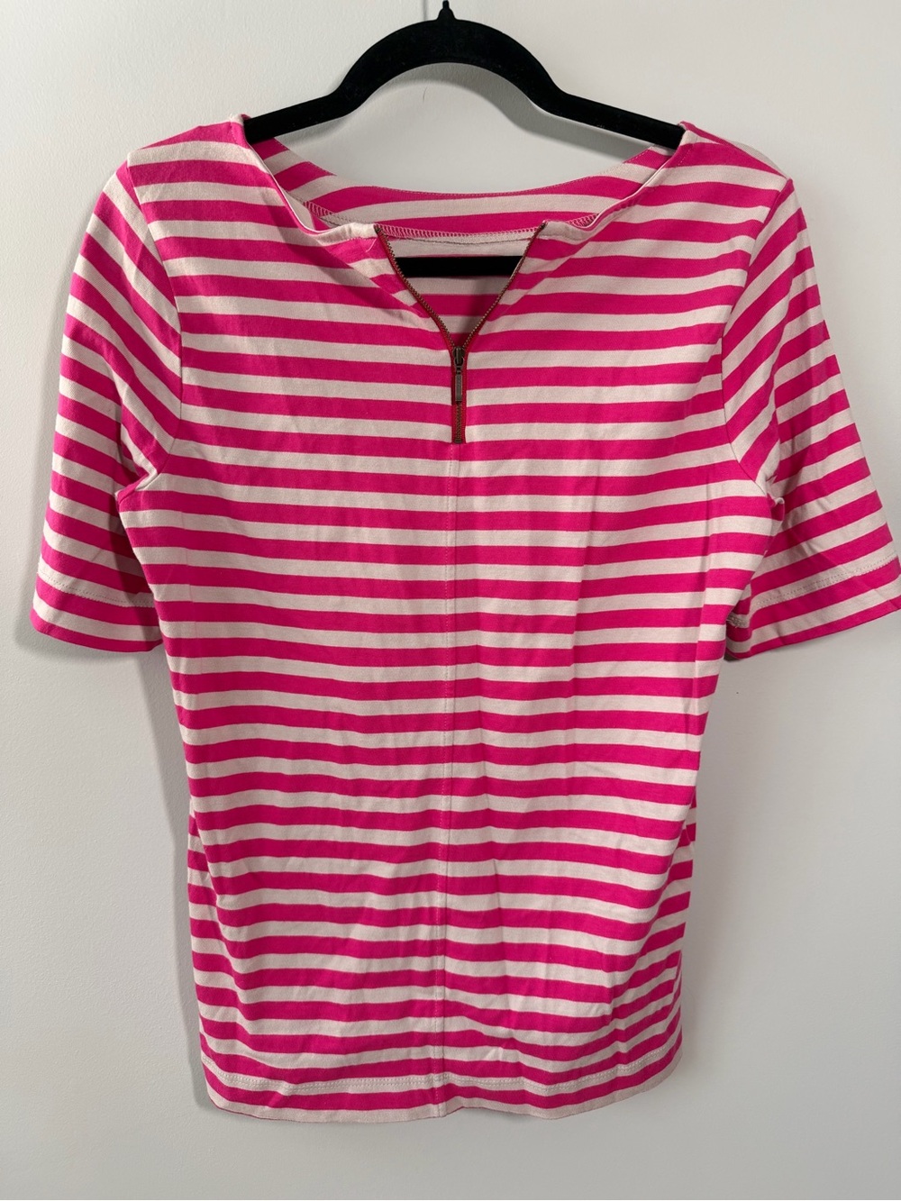 NWT LOFT Pink and White Striped Short-Sleeve Top with Front Zip